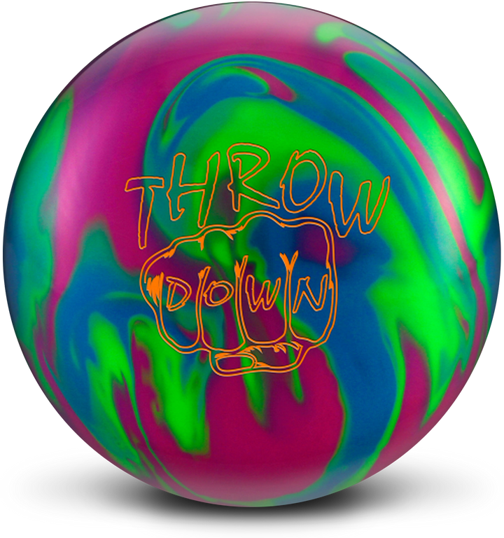 A neon green, berry red, and sea blue colored bowling ball with the Throw Down logo in orange centered prominently.