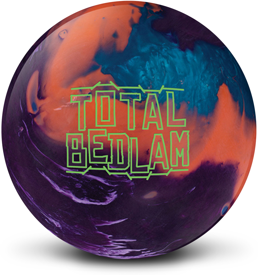 A purple pearl / orange / blue pearl colored bowling ball with the Total Bedlam logo in neon green centered prominently.