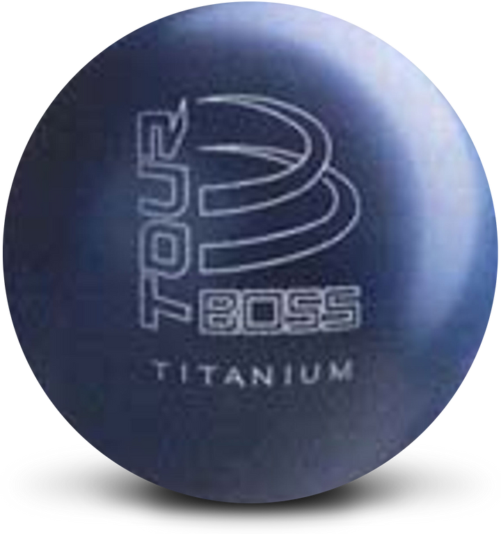 A blue bowling ball with the Tour Boss Titanium logo in white centered prominenlty.