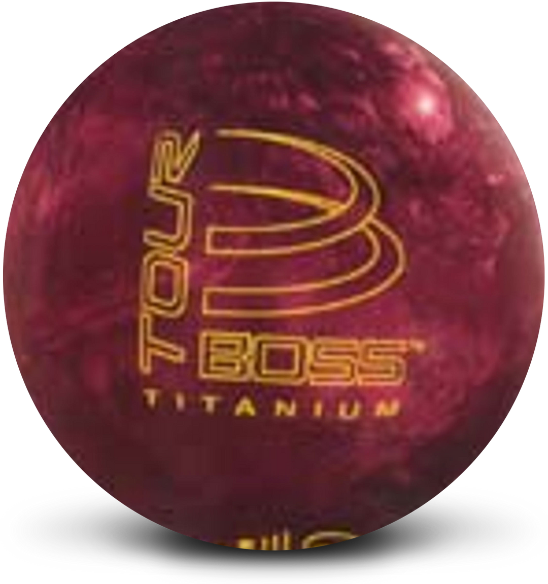A red bowling ball with the Tour Boss Titanium logo in yellow centered prominently.