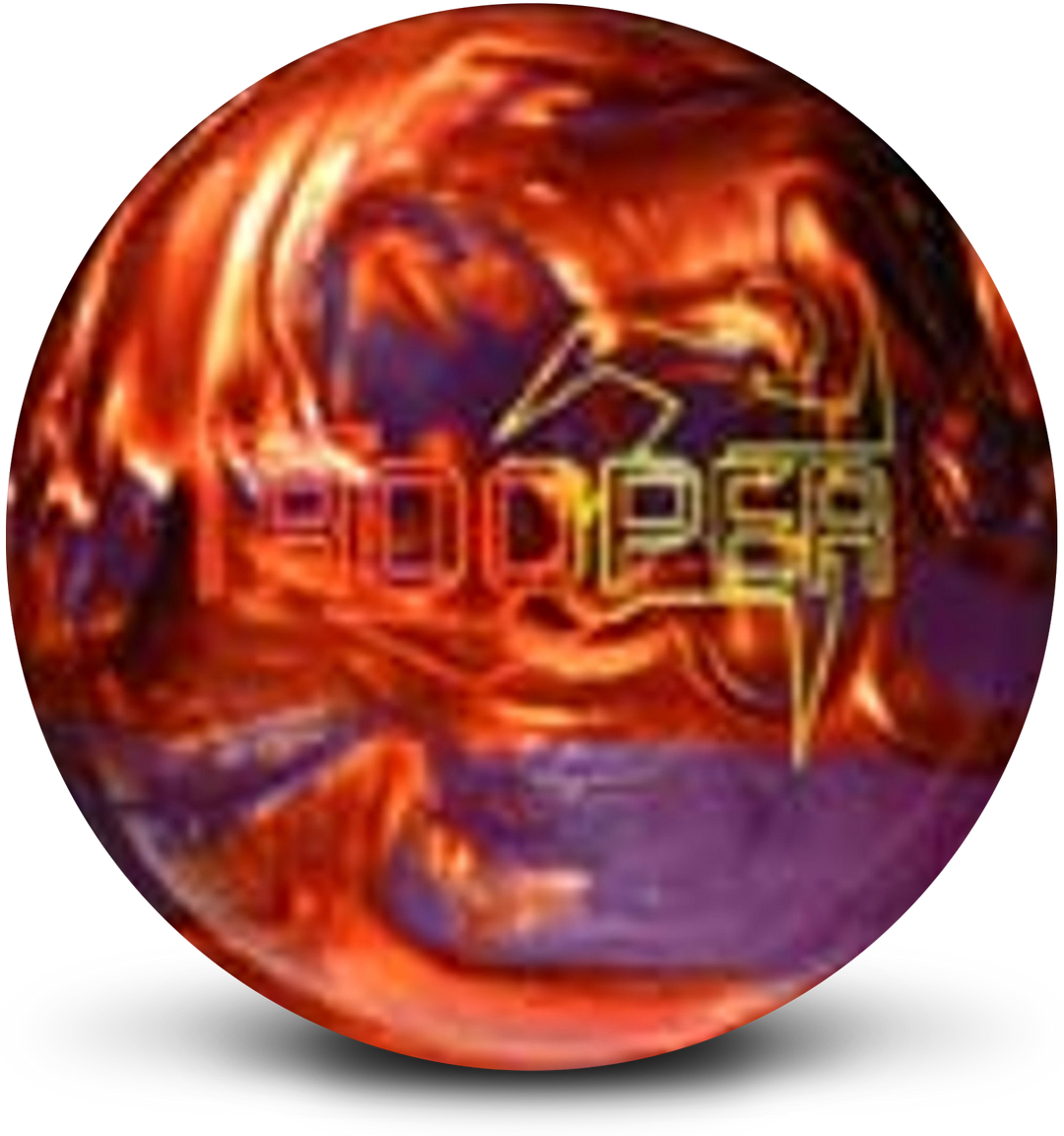 A red, yellow, and purple bowling ball with the Trooper logo in orange and yellow centered prominently.