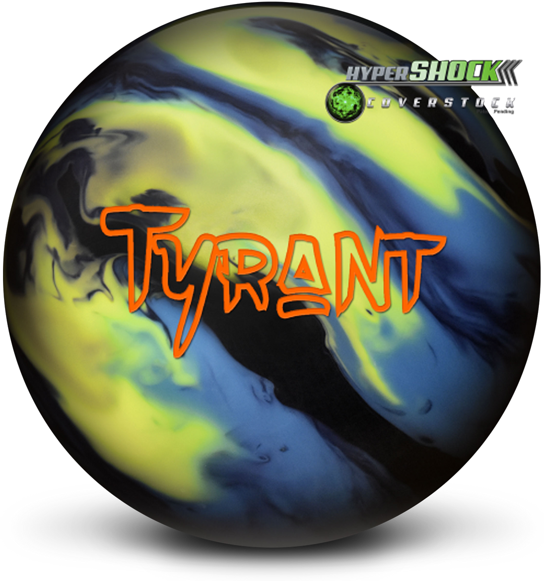 A black, yellow, and blue bowling ball with the Tyrant logo in orange centered prominently with the small HyperSHOCK Coverstock graphic in the upper right-hand corner.