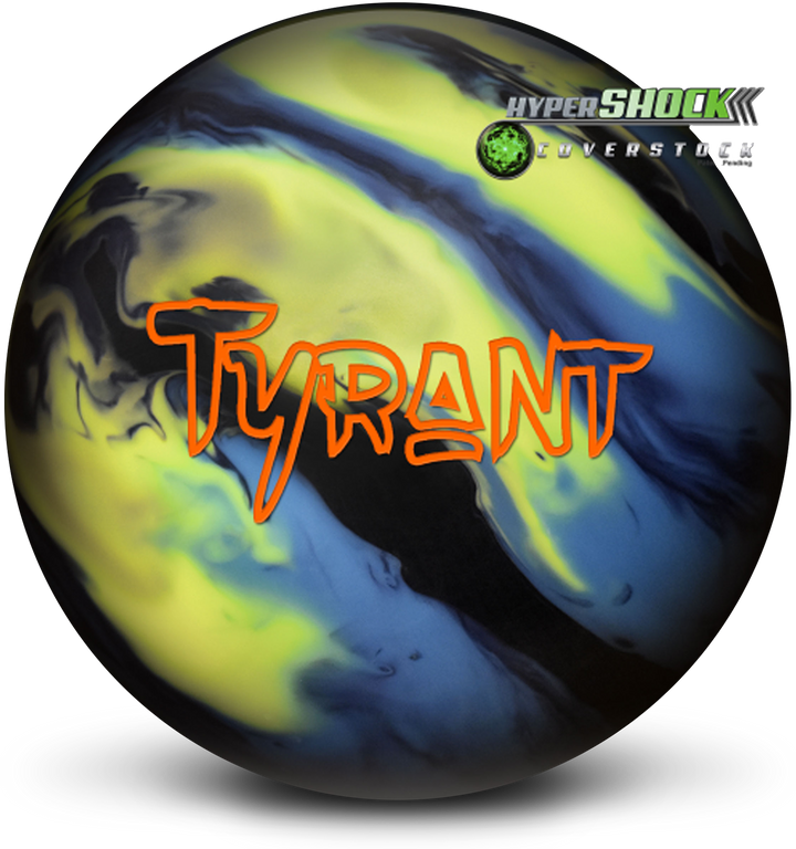 A black, yellow, and blue bowling ball with the Tyrant logo in orange centered prominently with the small HyperSHOCK Coverstock graphic in the upper right-hand corner.