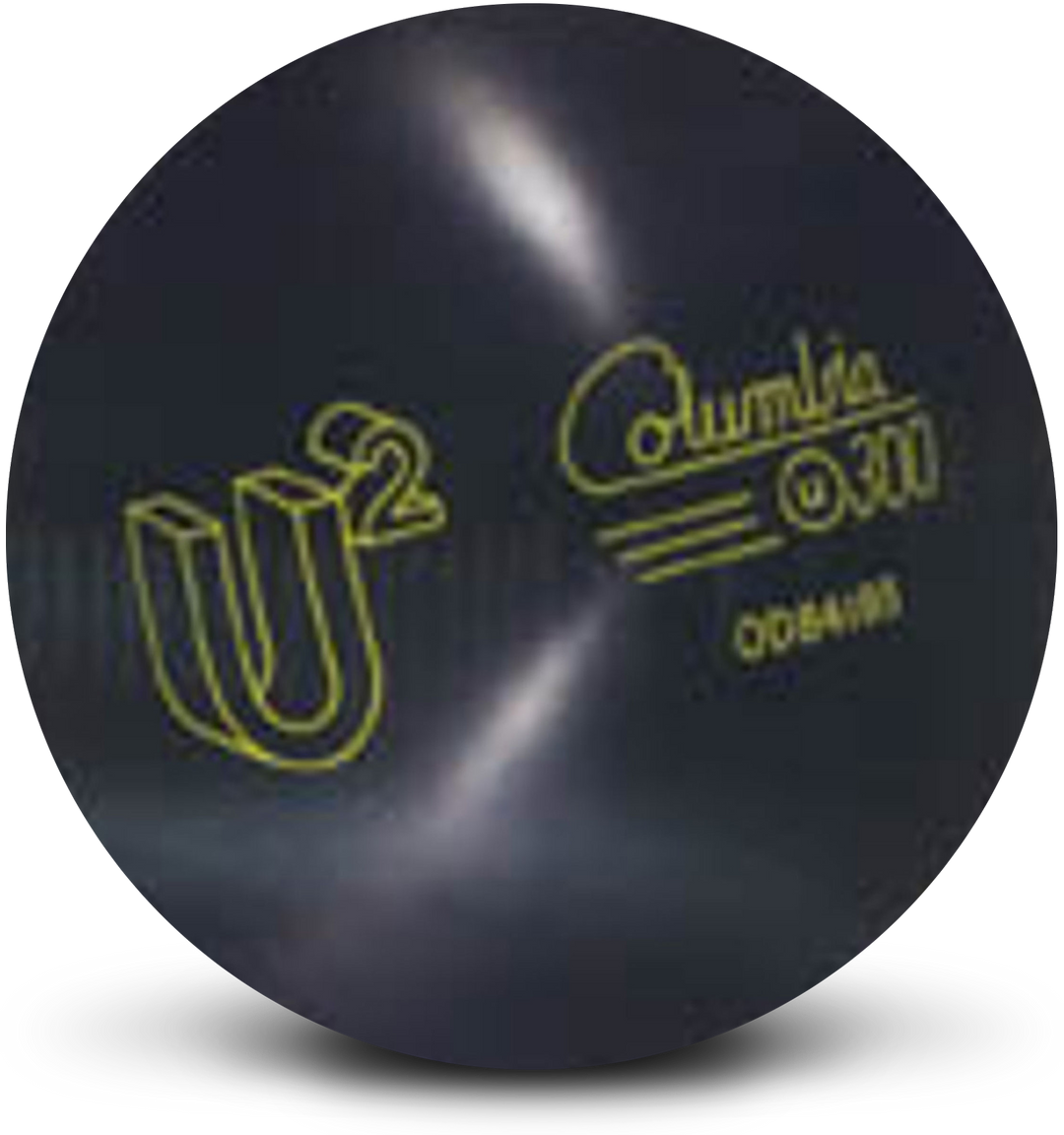 A black bowling ball with the U2 and Columbia 300 logos in yellow.