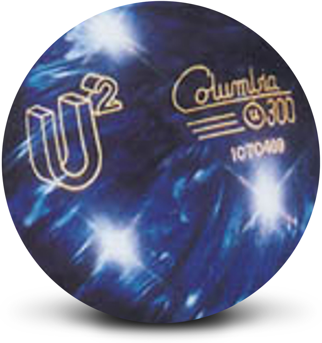 A blue bowling ball with the U2 and Columbia 300 logos in yellow.