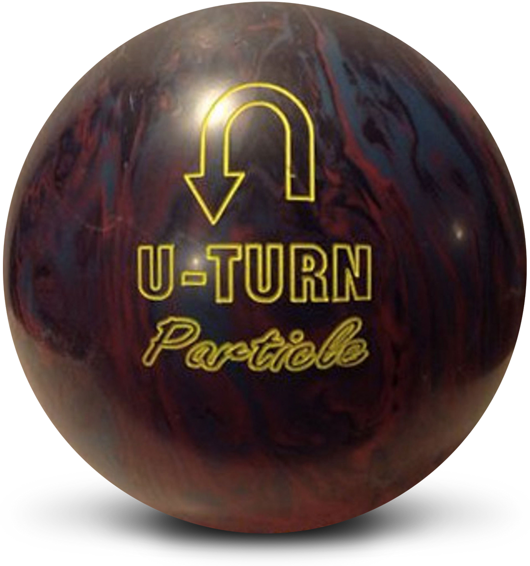 A red, black, and teal bowling ball with the U-Turn Particle logo in yellow centered prominently.