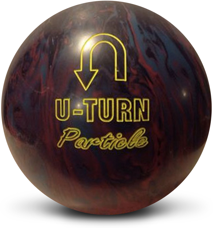 A red, black, and teal bowling ball with the U-Turn Particle logo in yellow centered prominently.