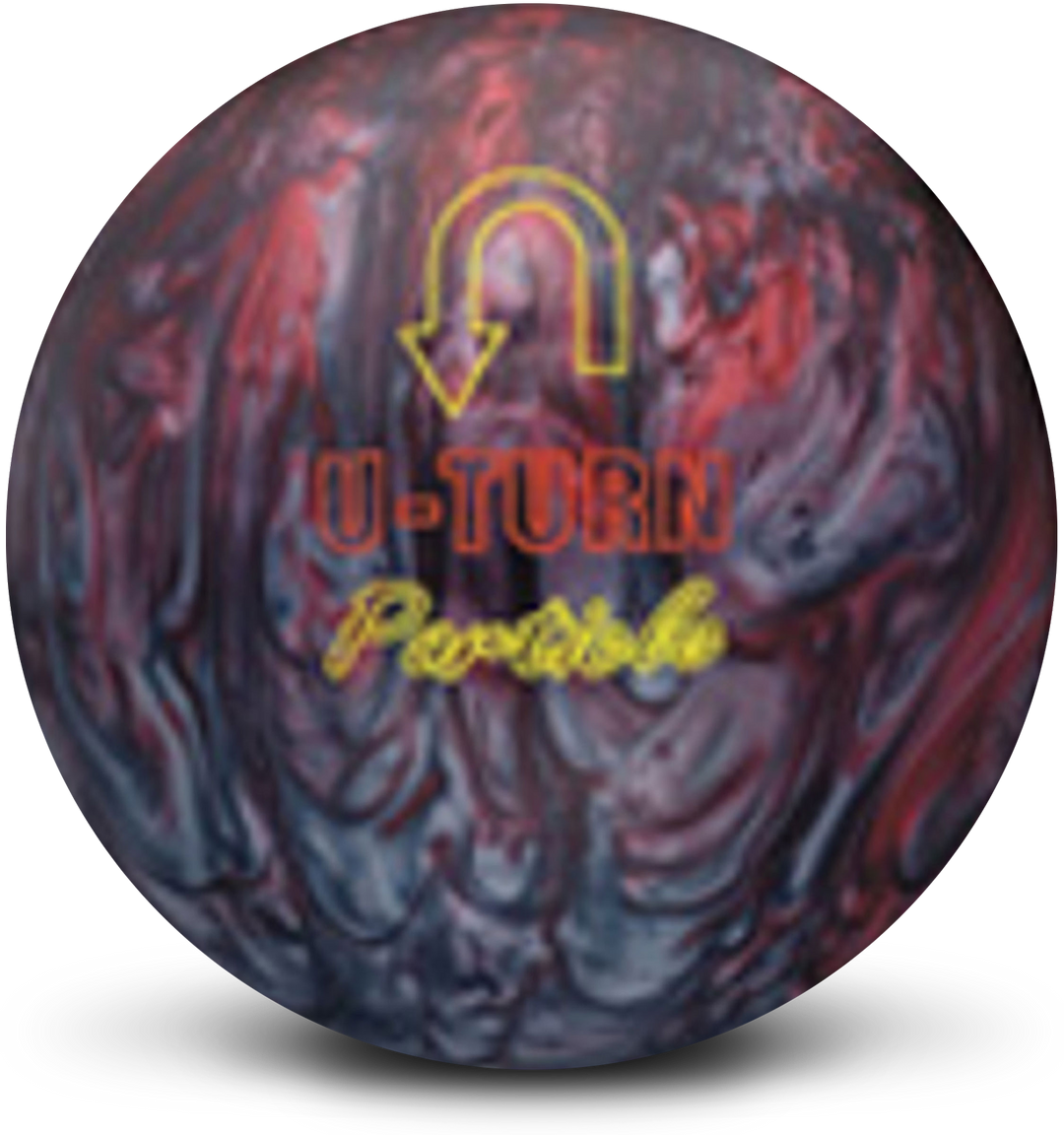 A red pearl and blue pearl bowling ball with the U-Turn Particle logo in red and yellow centered prominently.