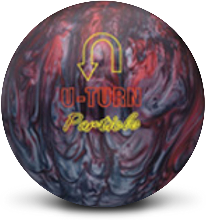 A red pearl and blue pearl bowling ball with the U-Turn Particle logo in red and yellow centered prominently.