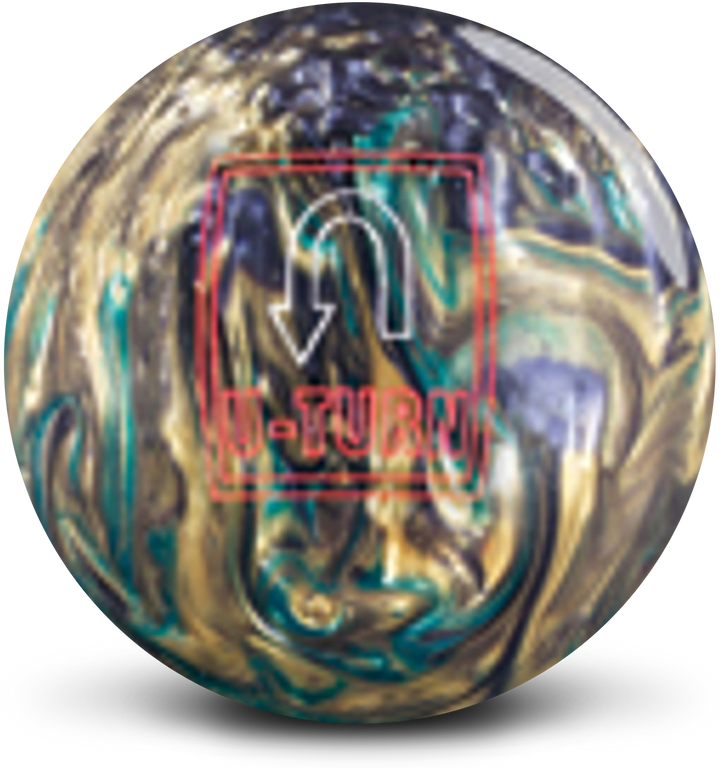 A gold, purple, and teal colored bowling ball with the U-Turn logo in red and white centered prominently.