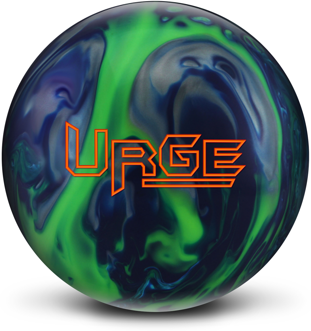 A lime, cobalt, and silver colored bowling ball with the Urge logo in orange centered prominently.