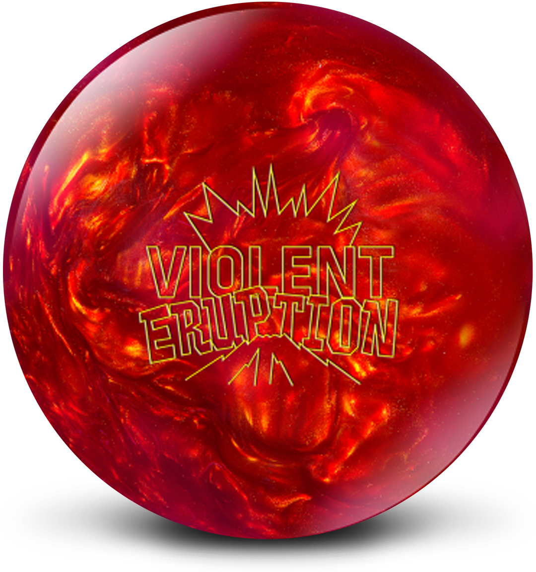 A red and orange swirled colored bowling ball with the Violent Eruption logo in yellow centered prominently.