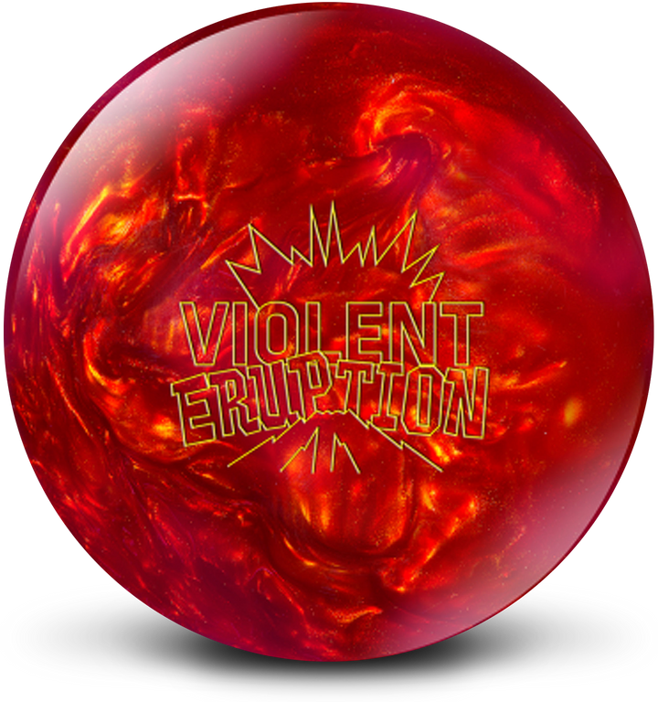 A red and orange swirled colored bowling ball with the Violent Eruption logo in yellow centered prominently.