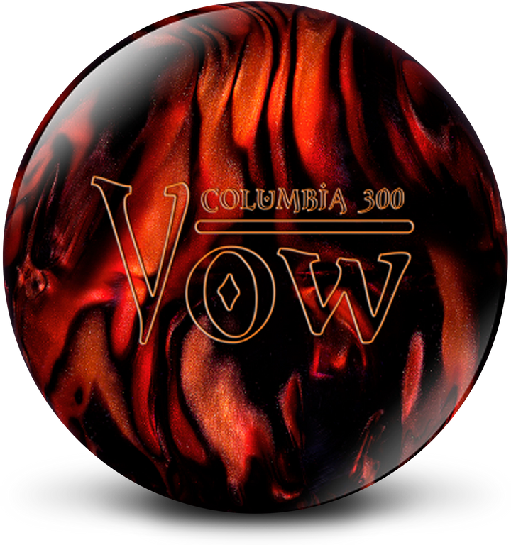 A black, red, and caramel colored bowling ball with the Vow logo in yellow centered prominently.