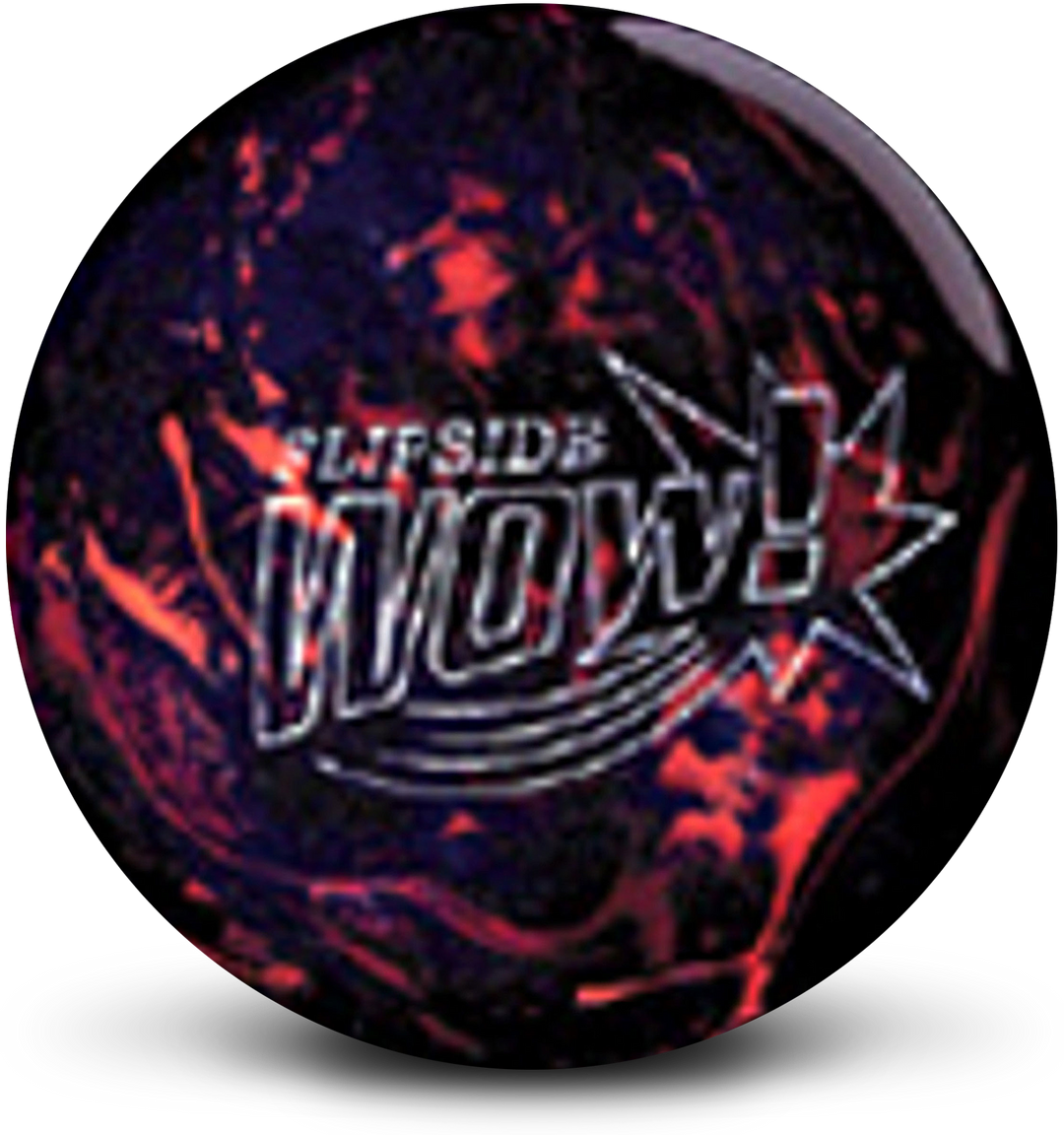 A black and orange colored bowling ball with the WOW! logo in silver centered prominently.