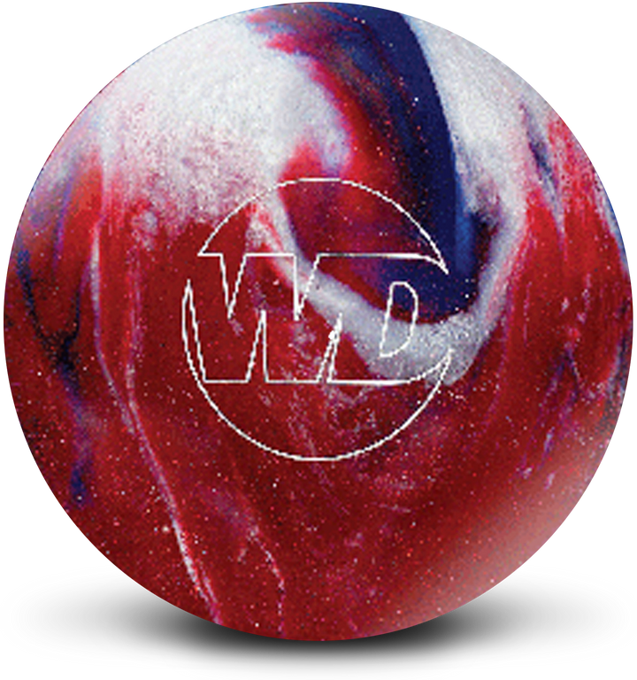 A red, white, and blue bowling ball with the White Dot "WD" logo in white centered prominently.