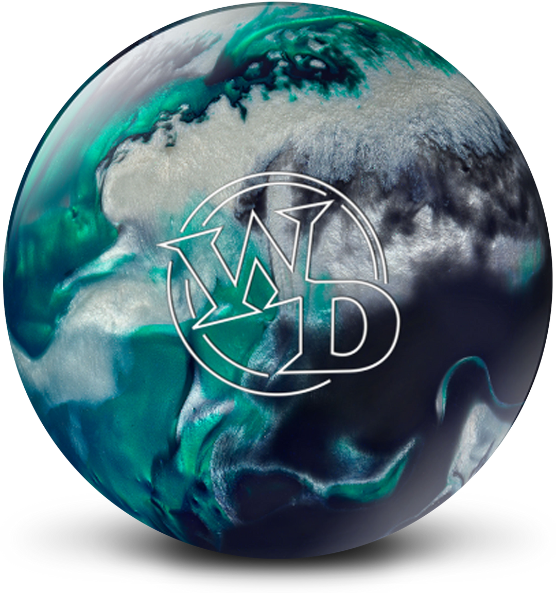 A black, emerald, and silver colored bowling ball with the White Dot "WD" logo in white centered prominently.