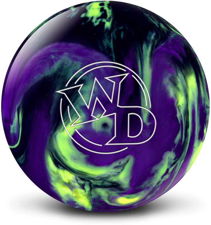 A black, purple, and yellow colored bowling ball with the White Dot "WD" logo in white centered prominently.