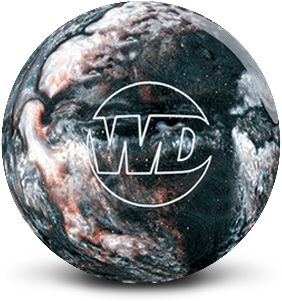 A black, silver, and caramel colored bowling ball with the White Dot "WD" logo in white centered prominently.