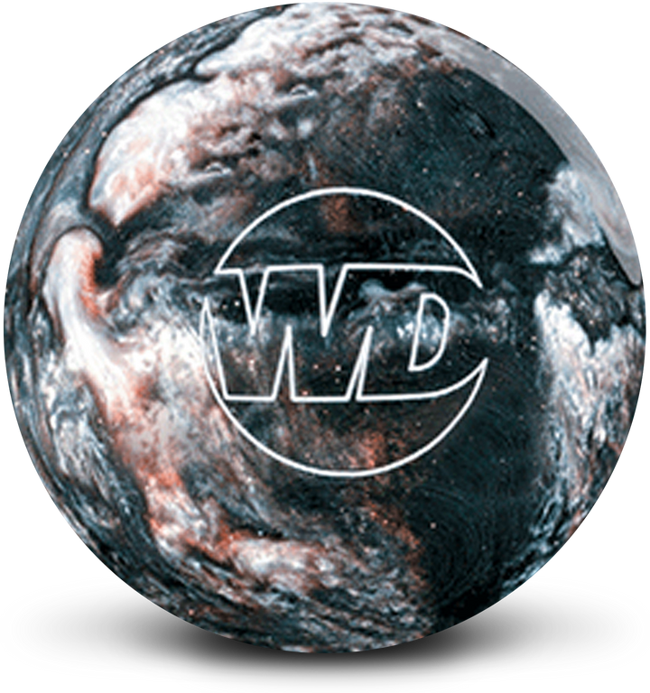 A black, silver, and caramel colored bowling ball with the White Dot "WD" logo in white centered prominently.