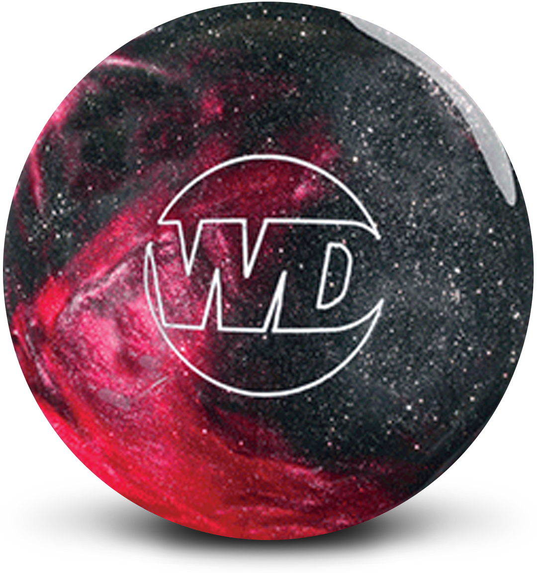 A black and red colored bowling ball with the White Dot "WD" logo in white centered prominently.