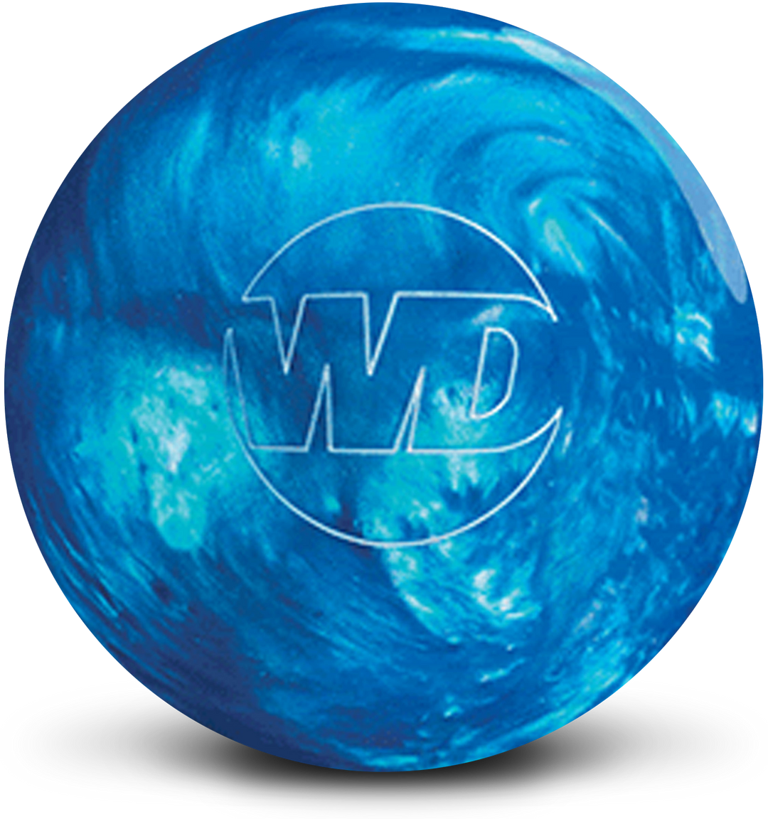 A dark and light blue swirled colored bowling ball with the White Dot "WD" logo in white centered prominently.