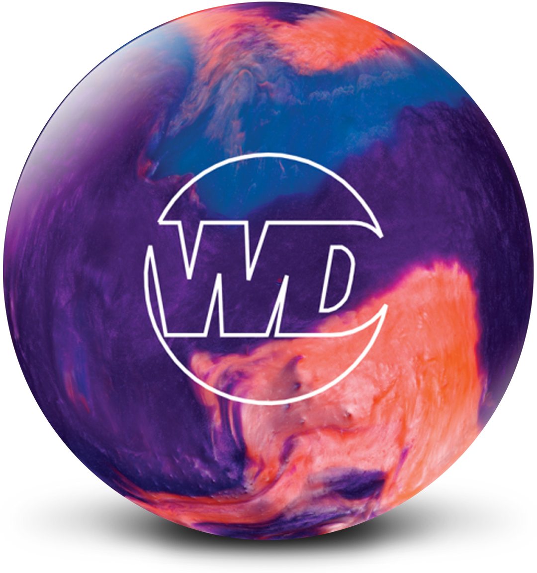 A blue, purple, and orange colored bowling ball with the White Dot "WD" logo in white centered prominently.