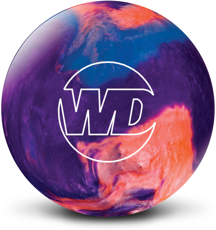 A blue, purple, and orange colored bowling ball with the White Dot "WD" logo in white centered prominently.