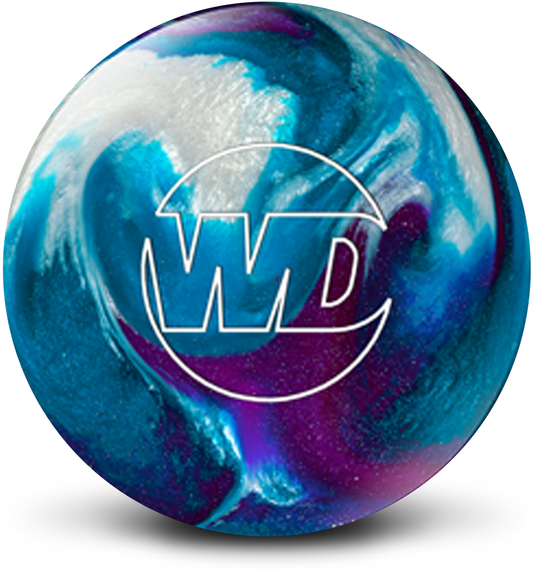 A blue, purple, and white colored bowling ball with the White Dot "WD" logo in white centered prominently.