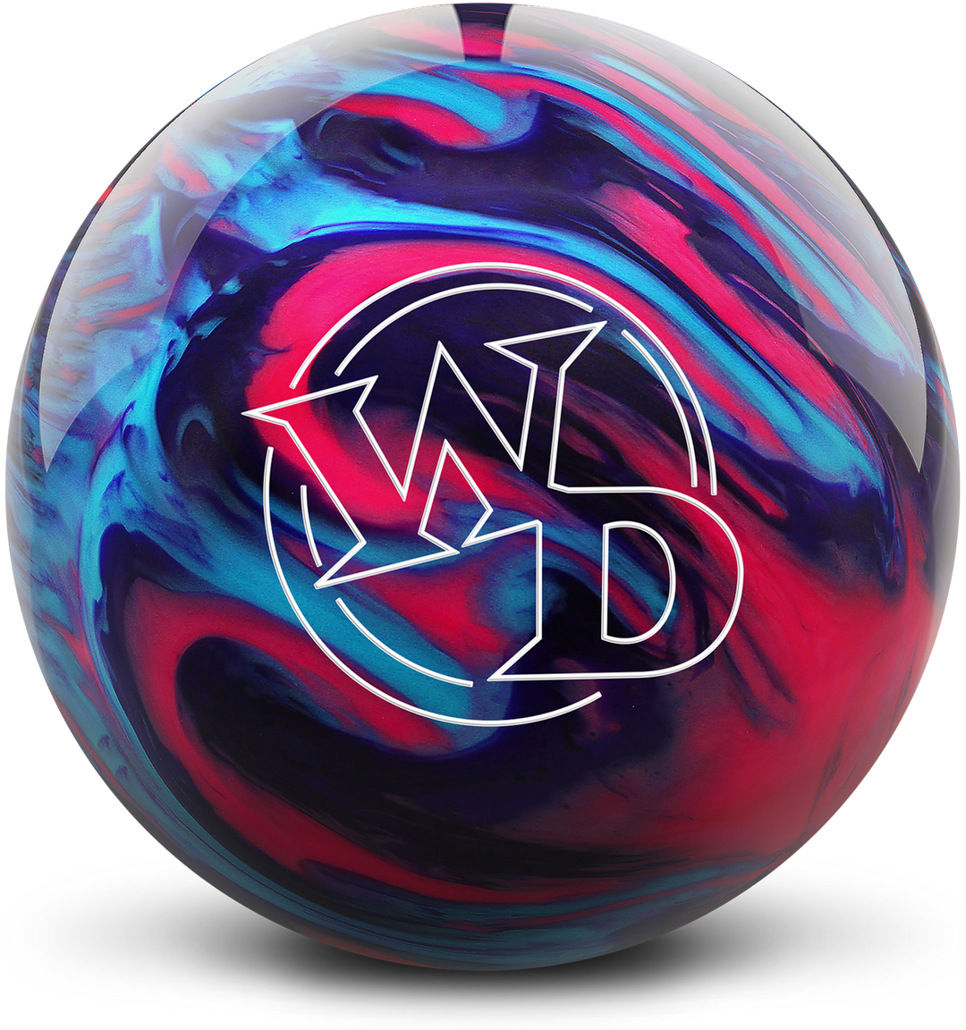 A purple, blue, and pink colored bowling ball with the White Dot "WD" logo in white centered prominently.