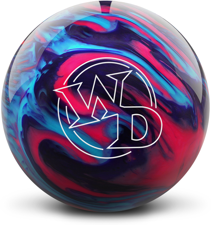 A purple, blue, and pink colored bowling ball with the White Dot "WD" logo in white centered prominently.