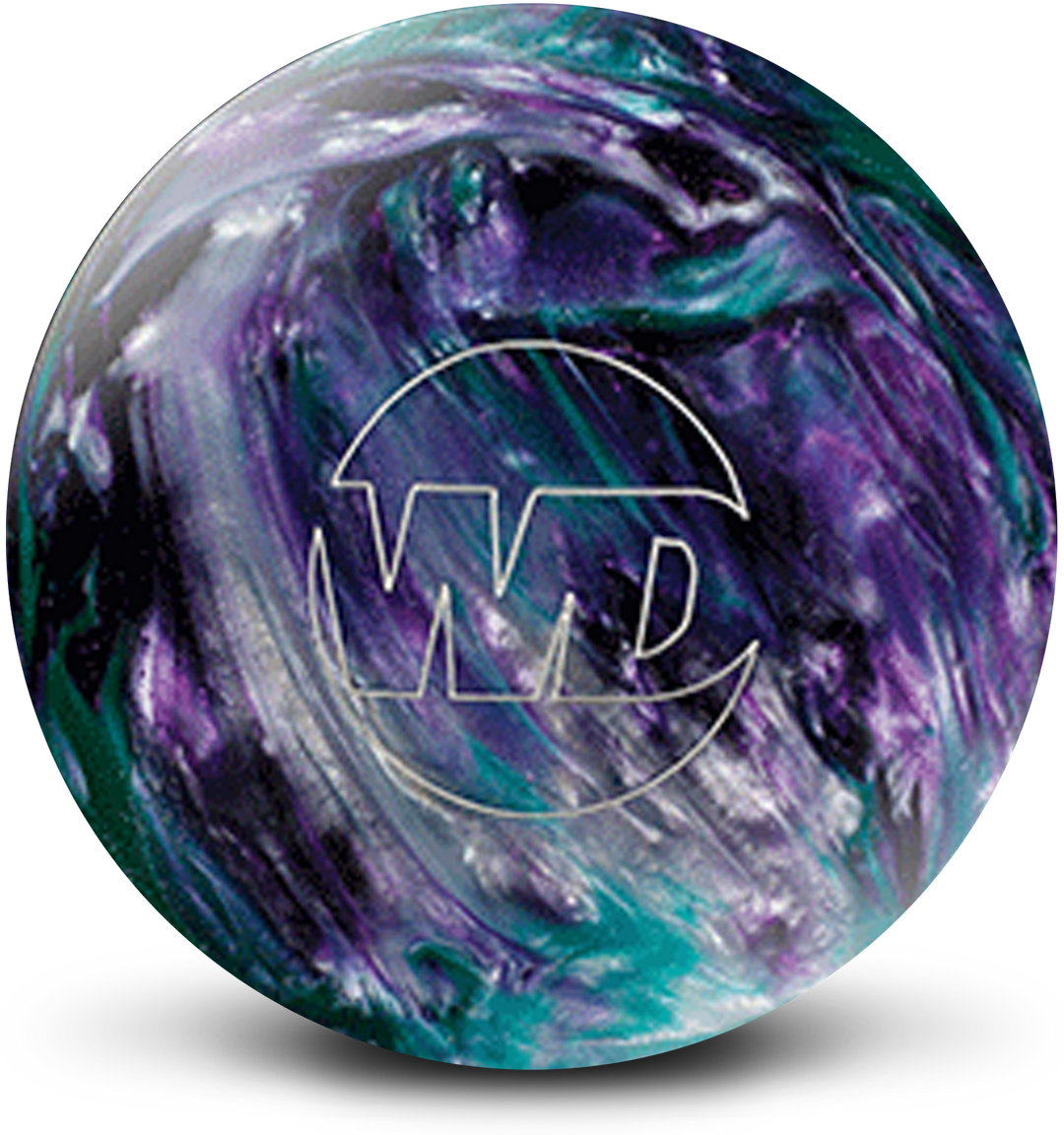 An emerald, purple and black colored bowling ball with the White Dot "WD" logo in white centered prominently.