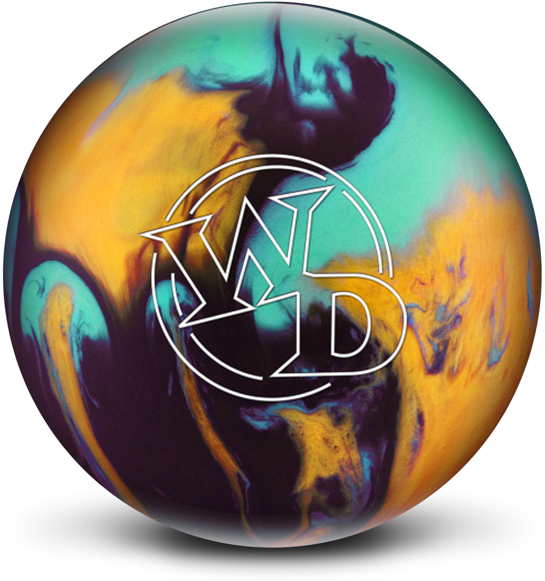 A black, gold, and teal colored bowling ball with the White Dot "WD" logo in white centered prominently.