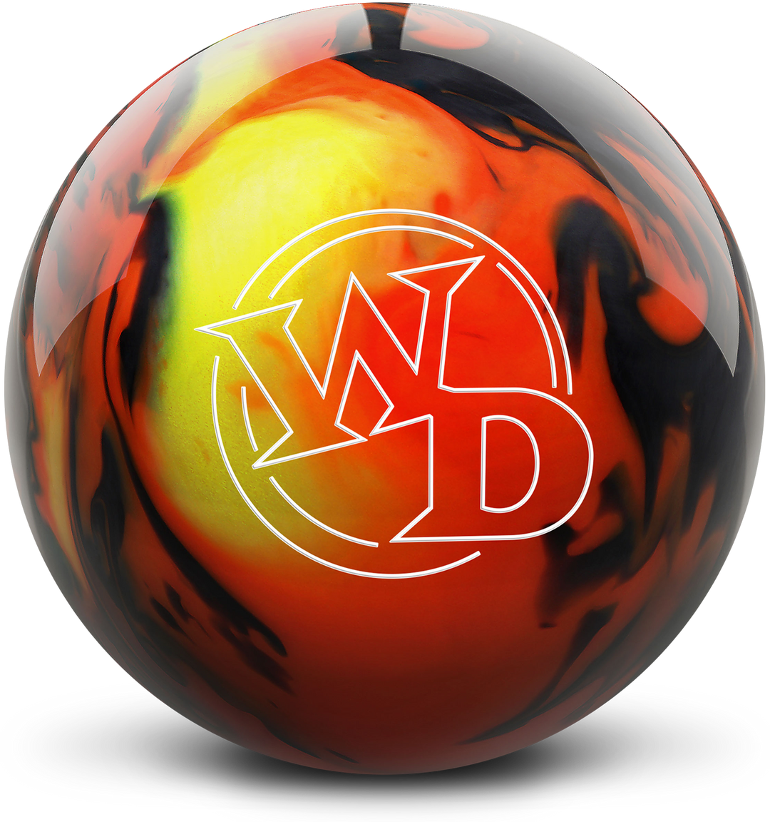 An orange, yellow, and smoke grey colored bowling ball with the White Dot "WD" logo in white centered prominently.