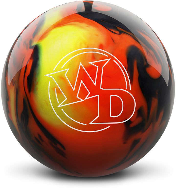 An orange, yellow, and smoke grey colored bowling ball with the White Dot "WD" logo in white centered prominently.