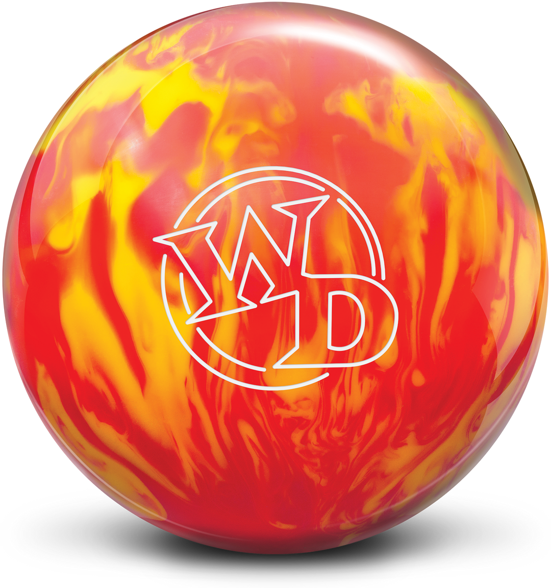 An orange and yellow colored bowling ball with the White Dot "WD" logo in white centered prominently.