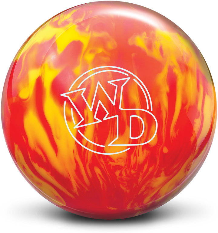 An orange and yellow colored bowling ball with the White Dot "WD" logo in white centered prominently.