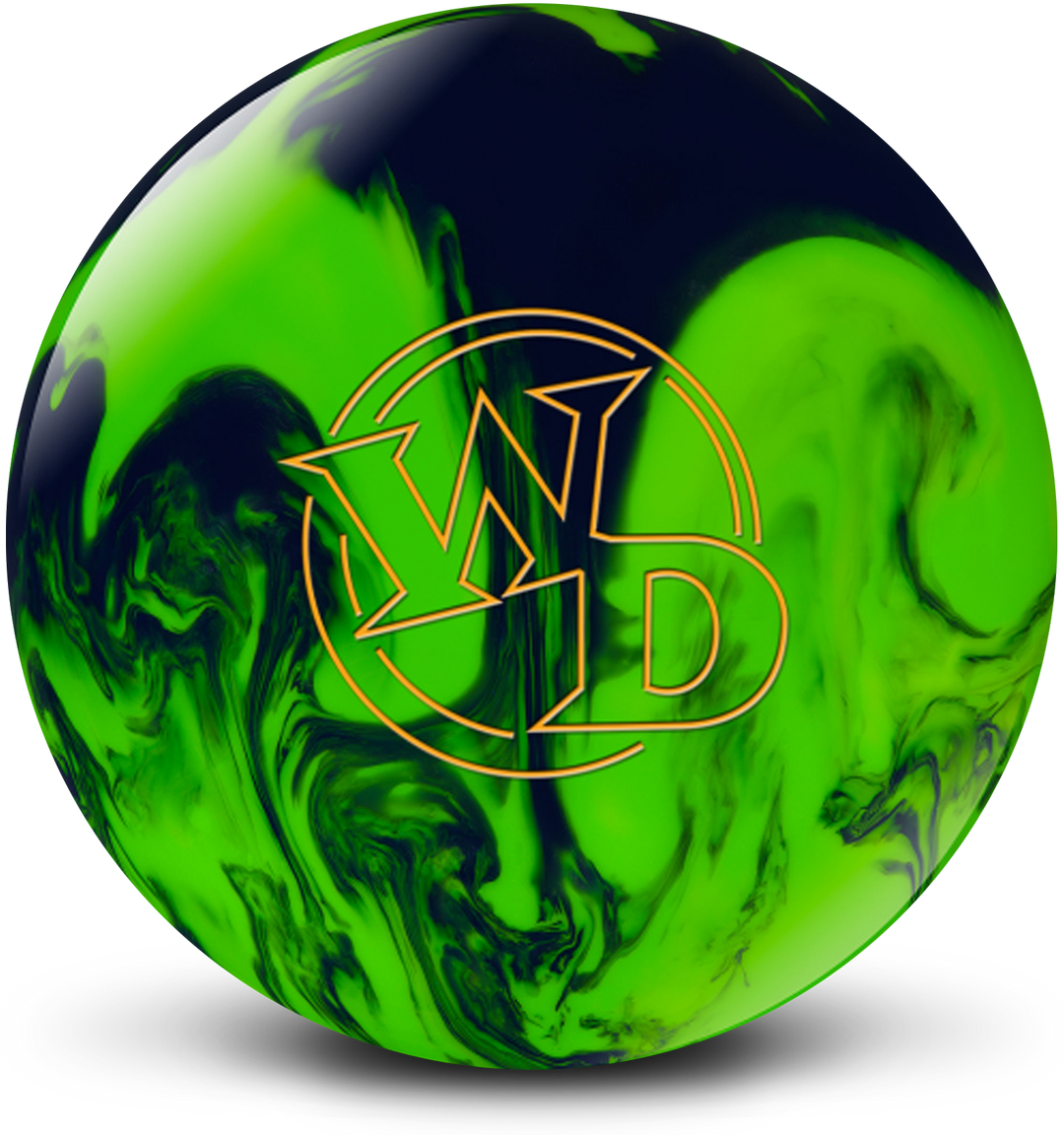 A bright green and black colored bowling ball with the White Dot "WD" logo in yellow centered prominently.