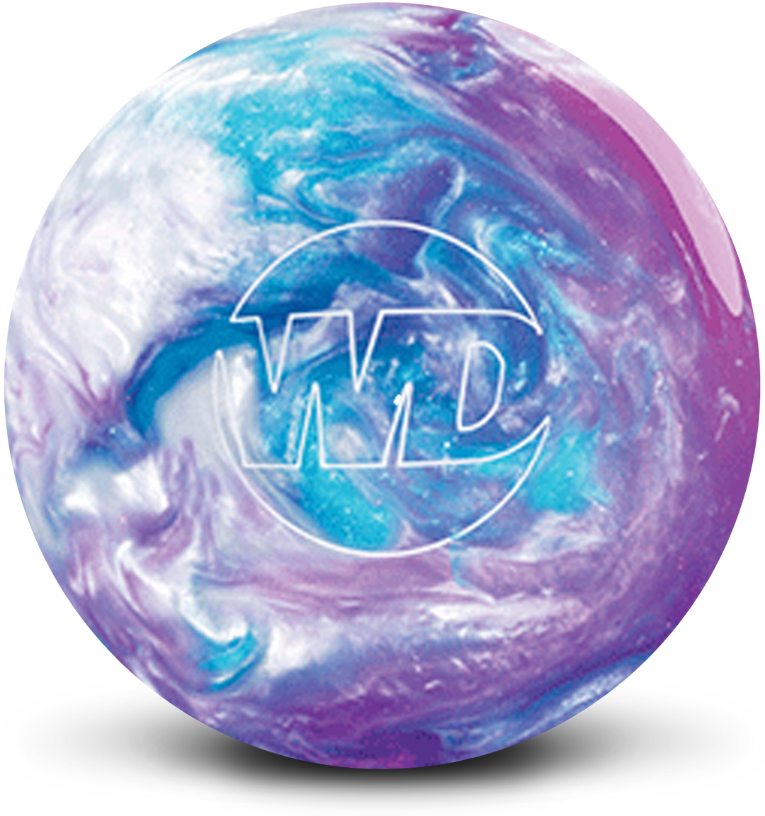 A magenta, blue, and white colored bowling ball with the White Dot "WD" logo in white centered prominently.