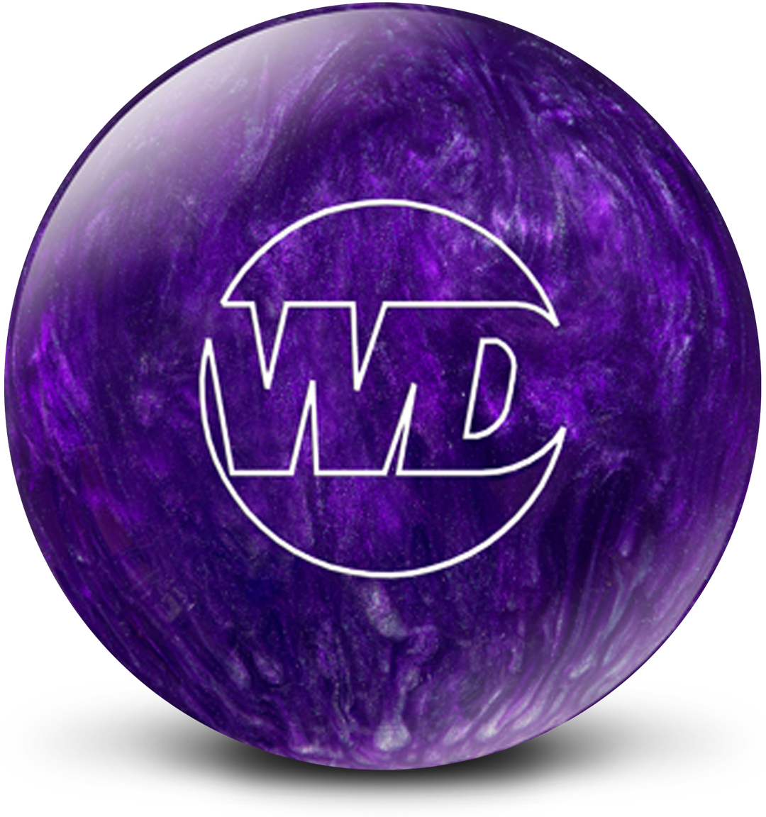 A purple and silver colored bowling ball with the White Dot "WD" logo in white centered prominently.