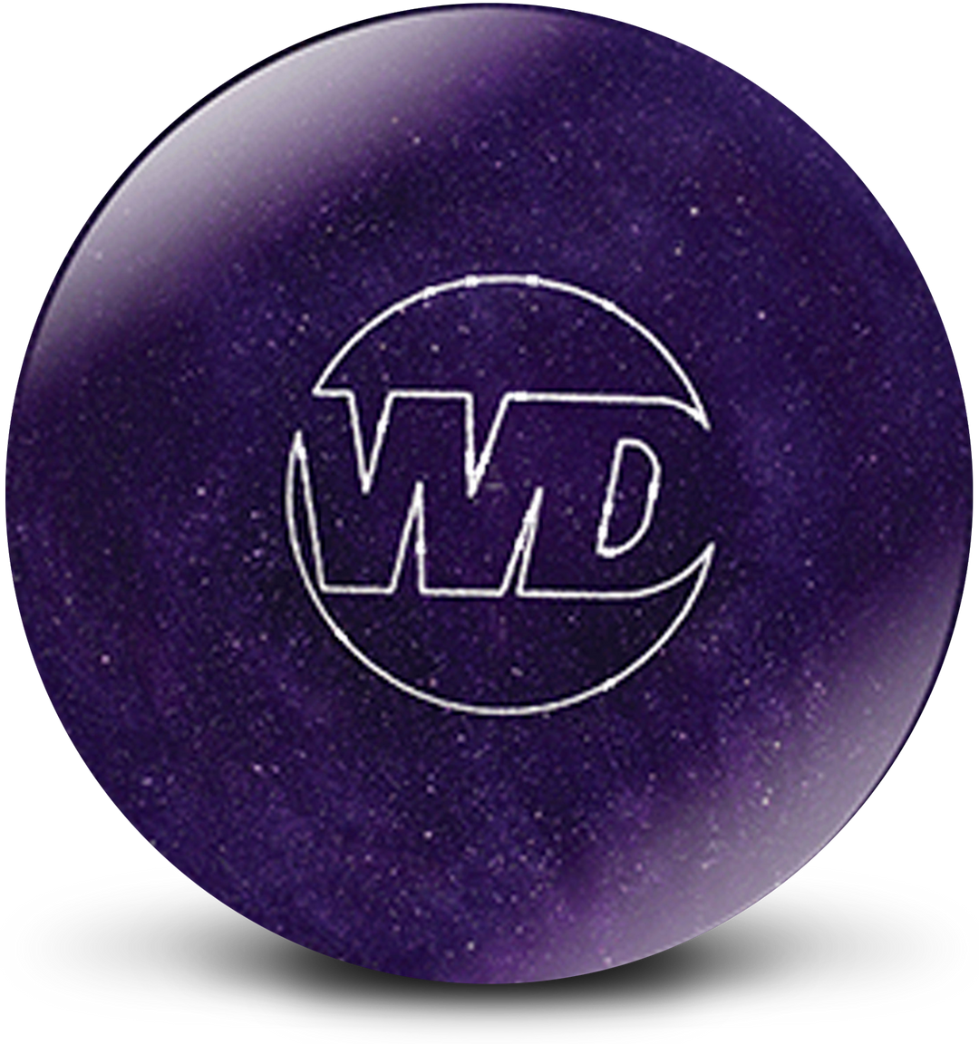 A purple colored bowling ball with sparkles throughout and with the White Dot "WD" logo in white centered prominently.