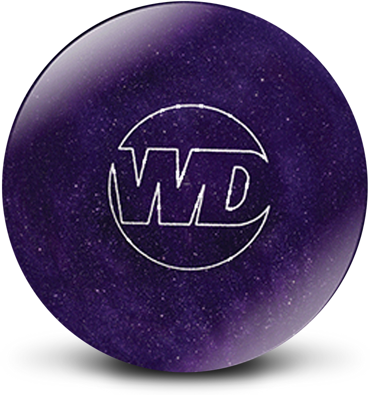A purple colored bowling ball with sparkles throughout and with the White Dot "WD" logo in white centered prominently.