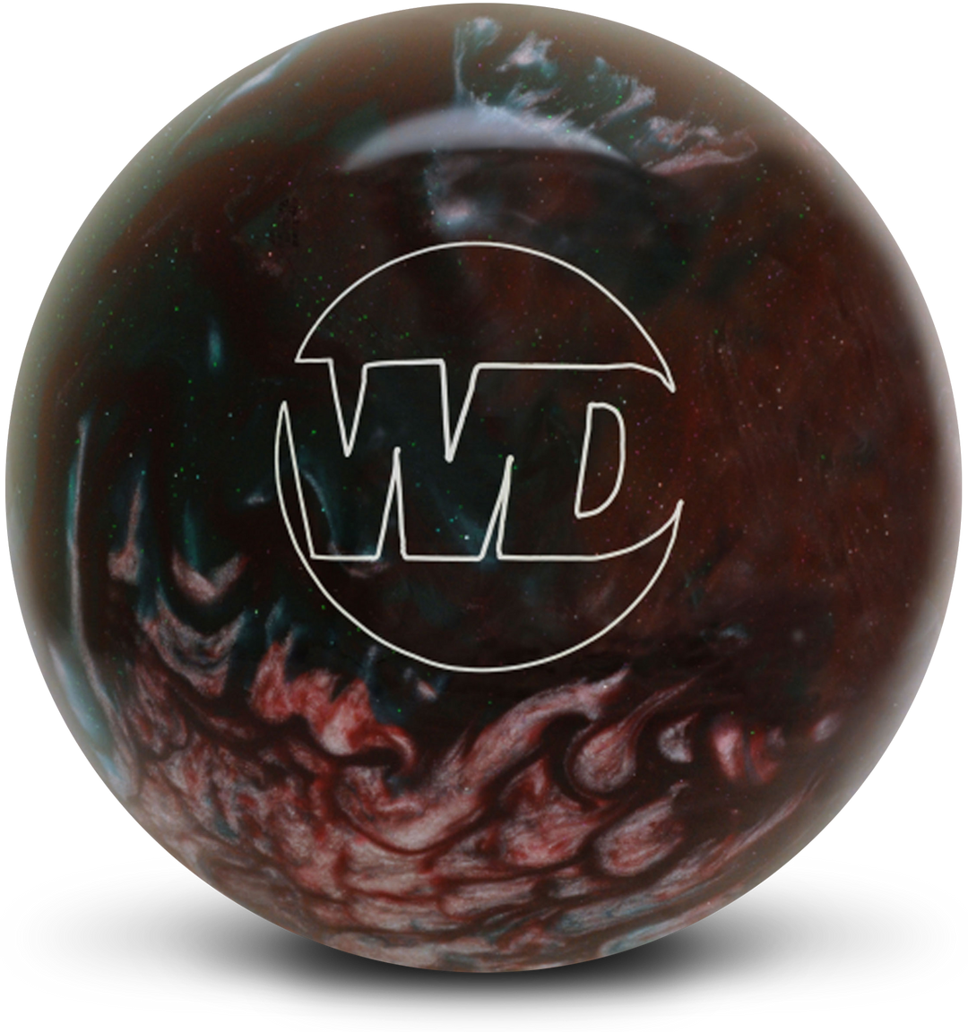 A red, green, and white colored bowling ball with the White Dot "WD" logo in white centered prominently.