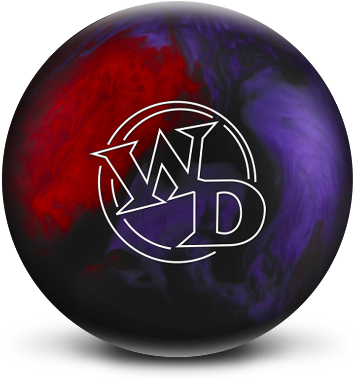 A red, purple, and black colored bowling ball with the White Dot "WD" logo in white centered prominently.