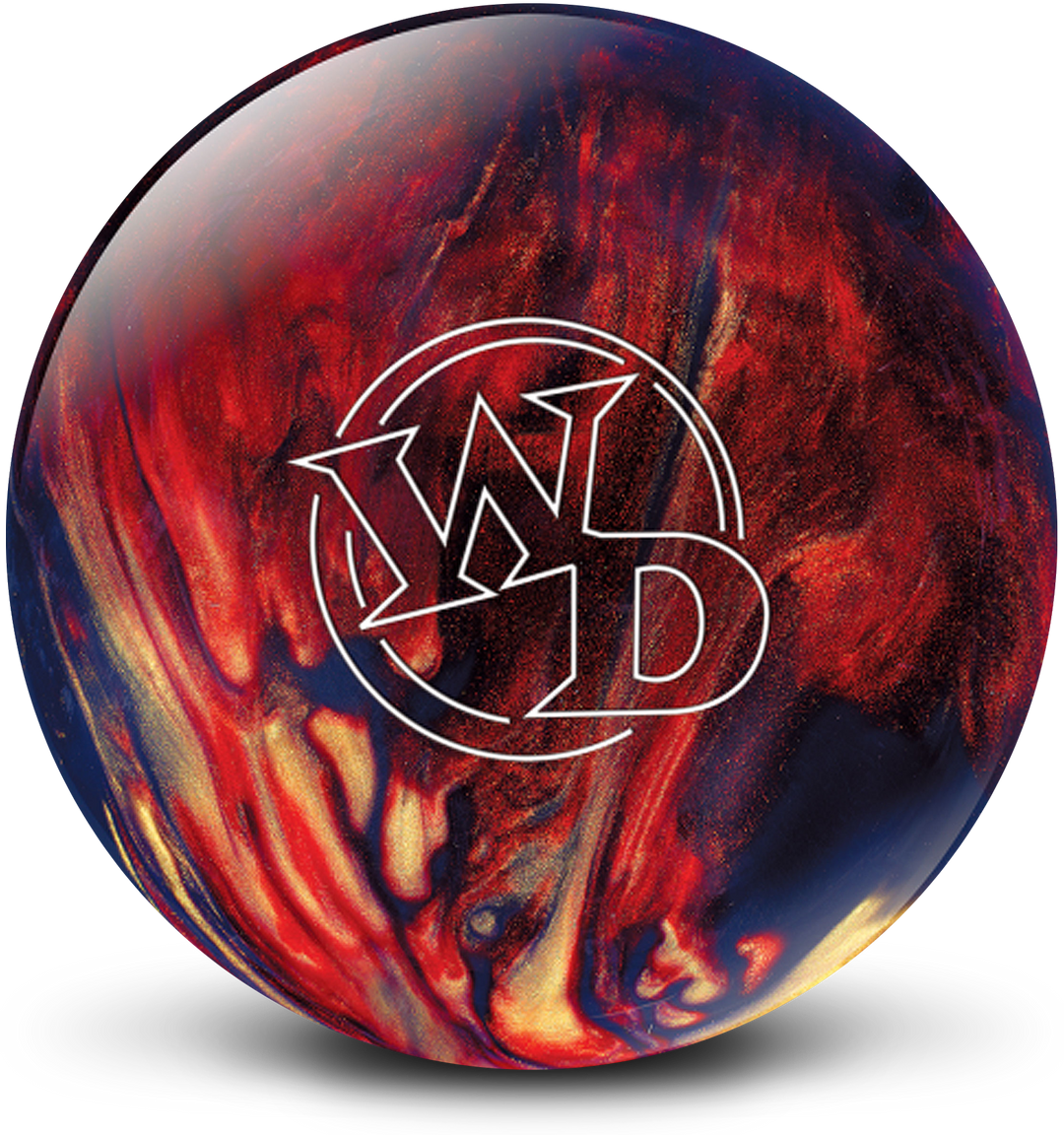 A scarlet, gold, and black colored bowling ball with the White Dot "WD" logo in white centered prominently.