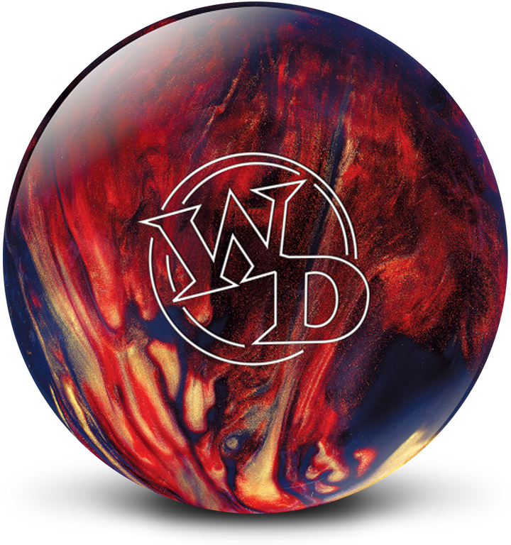 A scarlet, gold, and black colored bowling ball with the White Dot "WD" logo in white centered prominently.