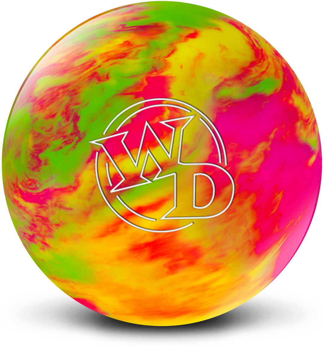 A yellow, pink, and bright green colored bowling ball with the White Dot "WD" logo in white centered prominently.