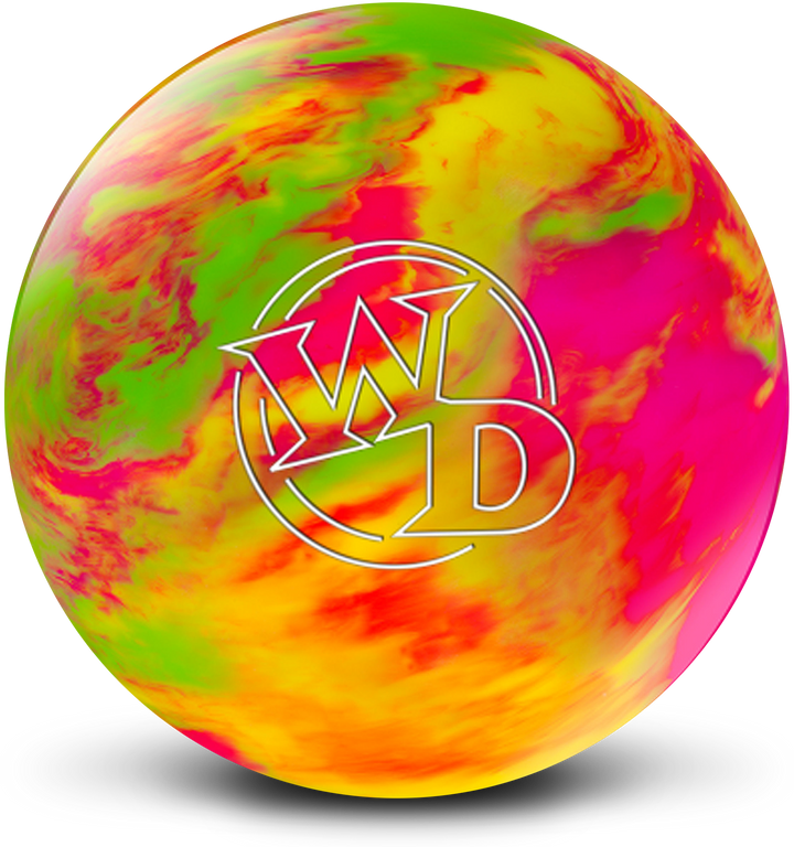 A yellow, pink, and bright green colored bowling ball with the White Dot "WD" logo in white centered prominently.
