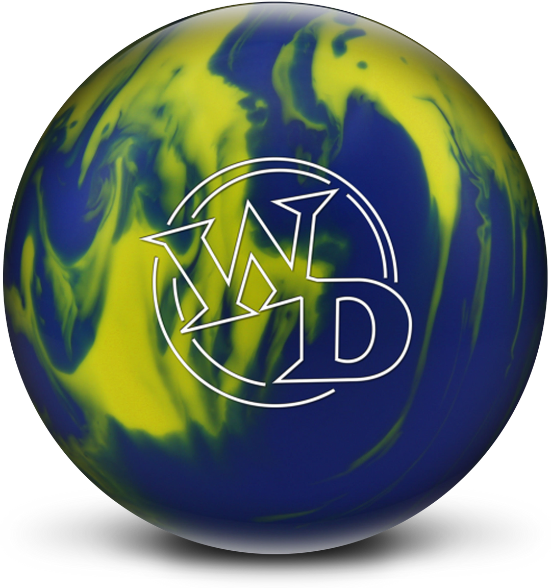 A blue and yellow colored bowling ball with the White Dot "WD" logo in white centered prominently.