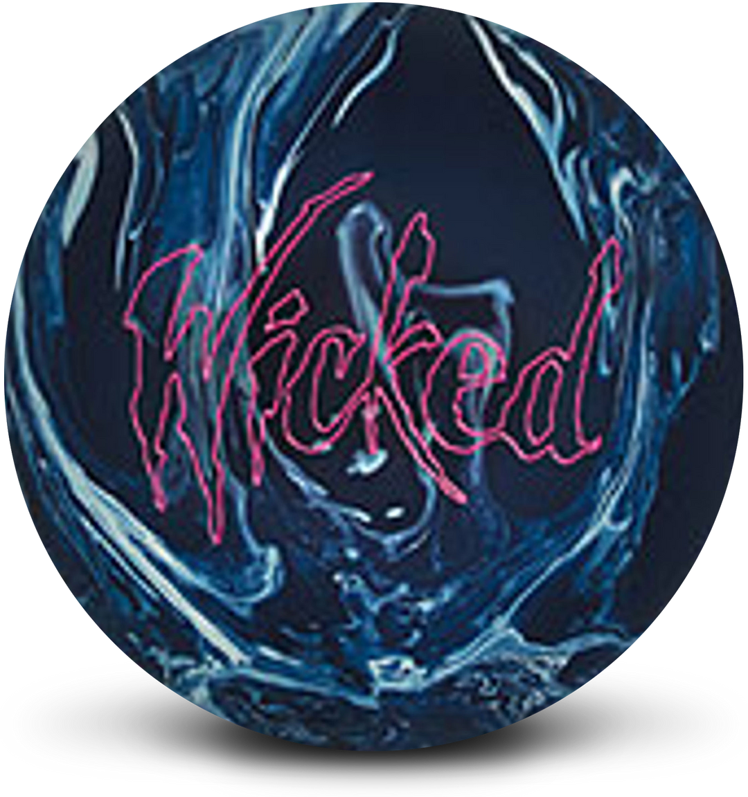 A navy blue and light blue with white streaks colored bowling ball with the Wicked logo in pink centered prominently.